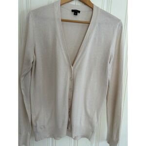 Ann Taylor Womens Cardigan Sweater Sz L Cream V Neck Cotton Viscose Quiet Luxury